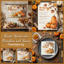 Rustic Watercolor Pumpkins and Leaves Thanksgiving
