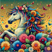 Pretty White Horse and Colorful Whimsical Flowers