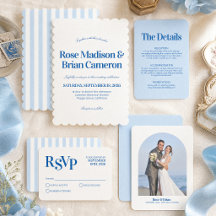 Blue Wavy Cabana Stripes Wedding Invitations