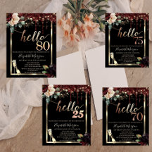 Burgundy Flowers,Frame,Champagne Birthday Invitati