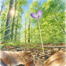 Watercolor Spring Forest and Crocus Flower