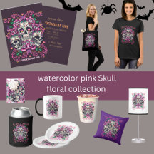 Skull floral, skeleton watercolor pink