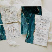 Elegant Teal Gold Agate Marble Wedding Suite