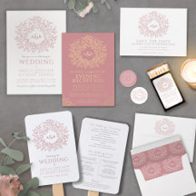 Circle of leaves hand drawn monogram pink wedding