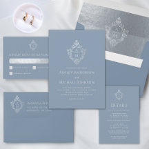 Dusty Blue Faux Silver Crest Monogram Wedding