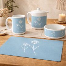 Elegant Dusty Blue Simple Flowers Kitchen & Dining
