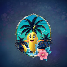 Cute cartoon banana on the tropical beach. 