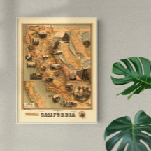 Vintage Unique Restored Map of California, 1885