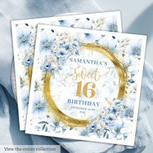 Dusty Blue Gold Sweet Sixteen Paper Napkins 10-16