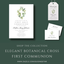Elegant Green Botanical Cross First Holy Communion