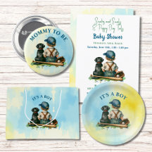 Baseball Themed Vintage Baby and Black Lab 