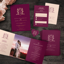 Heart crown monogram wine red light peach wedding