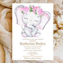 Girl's Elephant & Flower Watercolor Baby Shower