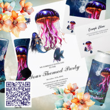 Cute mermaid looks at the beautiful jellyfish. 