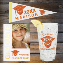 Grad Glam Orange And White Graduation Faux Glitter