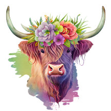 Highland Cow watercolor with flowers