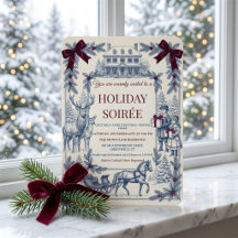 Vintage Blue Toile & Burgundy Bow Holiday