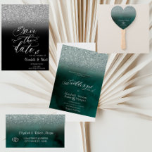 Elegant Glitter Bokeh Green Black Wedding
