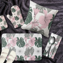 Pink Tropical hibiscus and Green Monstera leaves