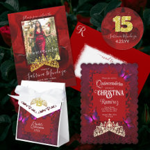 Ruby Red Quinceañera Invites with Gemstone Tiaras