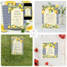 Italian blue tiles watercolor lemon baby  shower