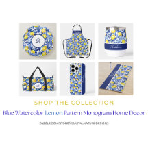 Blue Watercolor Lemon Pattern Monogram Home Decor
