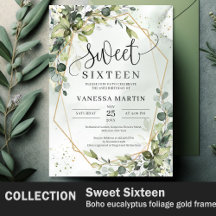 Sweet Sixteen Boho Eucalyptus Greenery Gold Frame