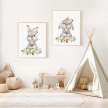 Cute Bunny, Pink Flowers Nursery Prints