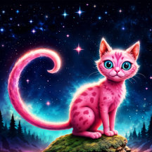 Magical pink cat with glowing tail, big blue eyes 
