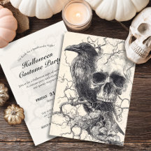 Gothic Skull & Raven Halloween Party Invitations