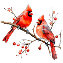 Red Cardinal Birds on Holly Tree Branch
