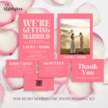 Pink Retro Modern Chic Photo Wedding Set