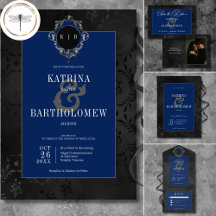 Dark Gothic Black Floral Satin Damask Blue Wedding