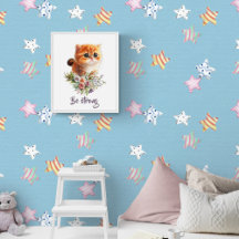 Cute kitten with spring watercolor flowers nursery