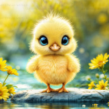 Baby Chick in a Spring Meadow: Yellow Flowers
