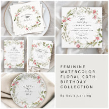 Feminine Watercolor Floral 90th Birthday 