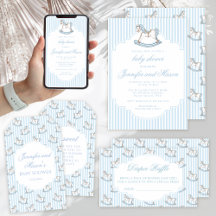 Cute blue striped rocking horse baby boy shower