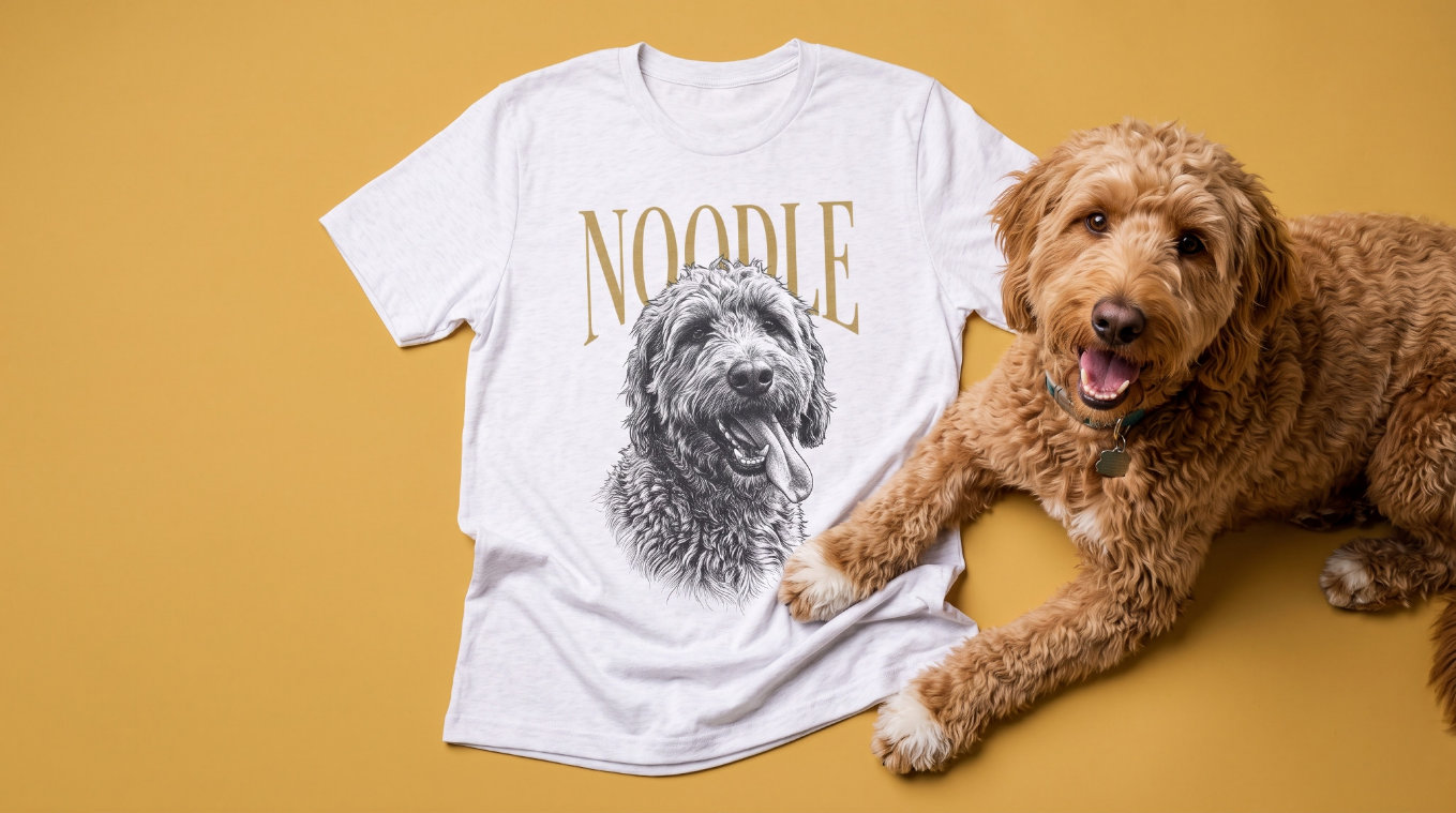 16:9 Flatlay + Live Pet: the personalized t-shirt with NOODLE's portrait