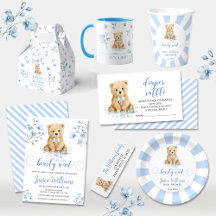 Cute blue teddy bear floral baby shower