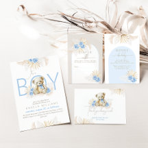 Hello Baby Teddy Bear Boho Blue Boy Baby Shower
