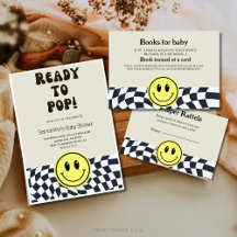 Retro Black and white checkered smiley baby shower