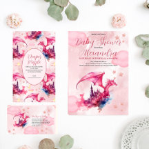 Whimsical Watercolor Pink Baby Dragon Baby Shower 