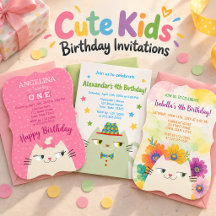 Cute Kids Birthday Invitations Mochi Cat