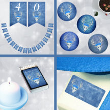 Fantasy White Deer Head Wearing Blue Roses