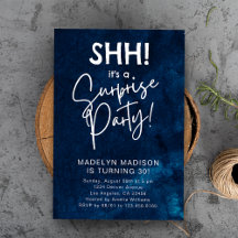SHH! Surprise Birthday Party Navy Blue Watercolor 