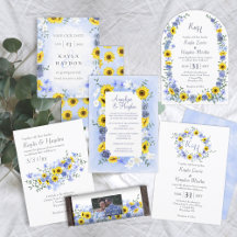 Sunflowers and Dusty Blue Rose Wedding Invitations