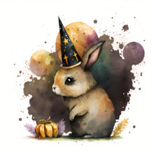 Halloween Watercolor Bunny and Pumpkin