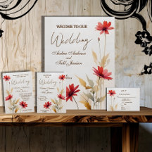 Minimalist watercolor red flower wedding