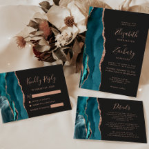 Modern Teal Rose Gold Agate Dark Wedding Suite