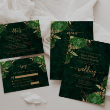 Emerald Green Gold Floral Script Wedding Suite